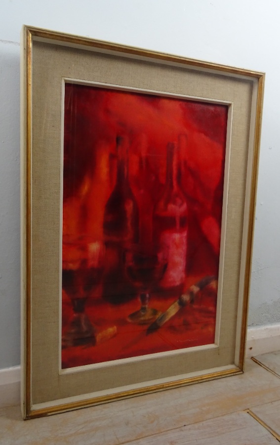 Italian oil on canvas original 1970’s still life with wine glasses and bottles. (4).JPG